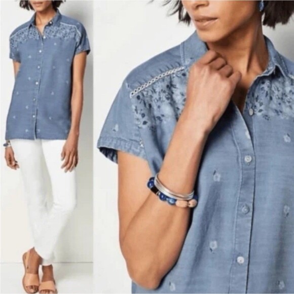 J.Jill Denim Embroidered Chambray Button Shirt Top Blue Medium short sleeve‎ - Picture 1 of 9